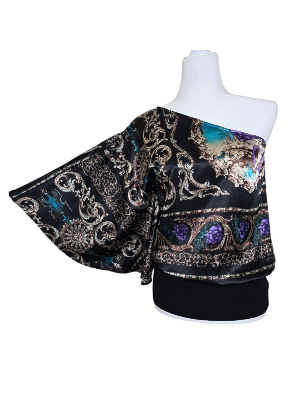 Y2K 2b bebe Womens Baroque Ornate Satin On Shoulder Batwing Ribbed Hem Top XS